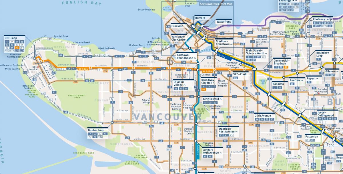 Mapa ng vancouver sa mga ruta ng bus